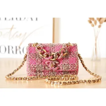 Chanel AS3611 Malá kabelka s klopou, vlněný tvíd a zlatý kov, růžová a hnědá