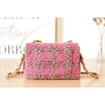 Chanel AS3611 Malá kabelka s klopou, vlněný tvíd a zlatý kov, růžová a hnědá