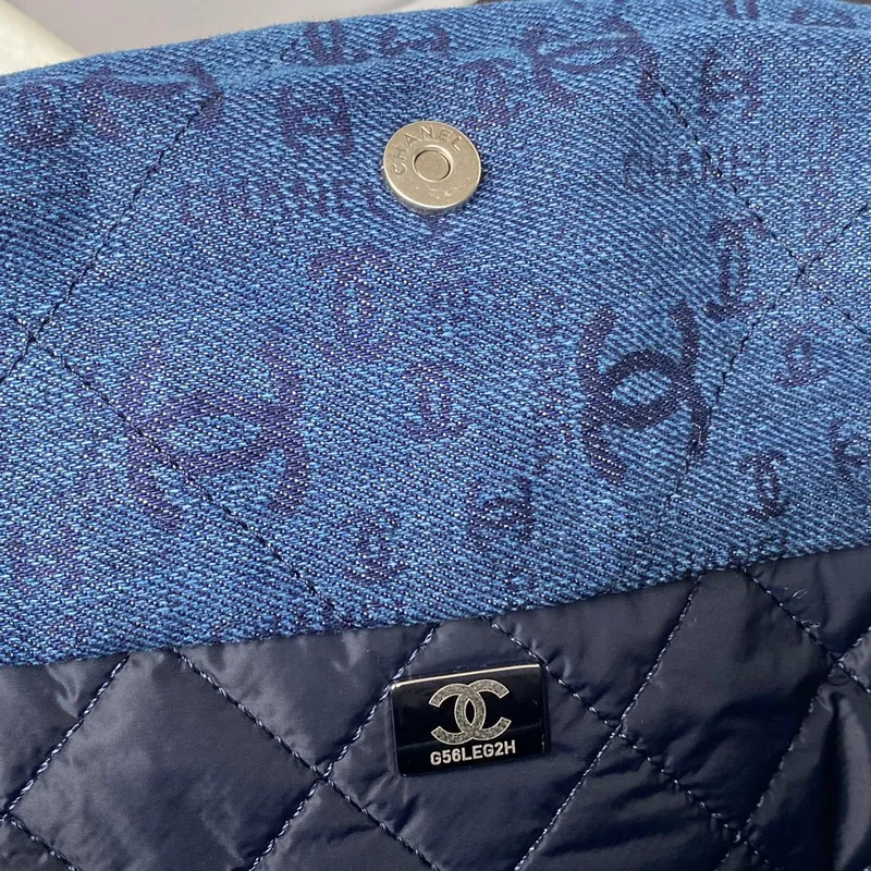Chanel 22 Kabelka Stříbrný kov Plátno AS3260 Modrá džínovina