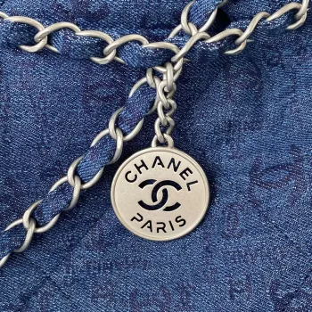 Chanel 22 Kabelka Stříbrný kov Plátno AS3260 Modrá džínovina