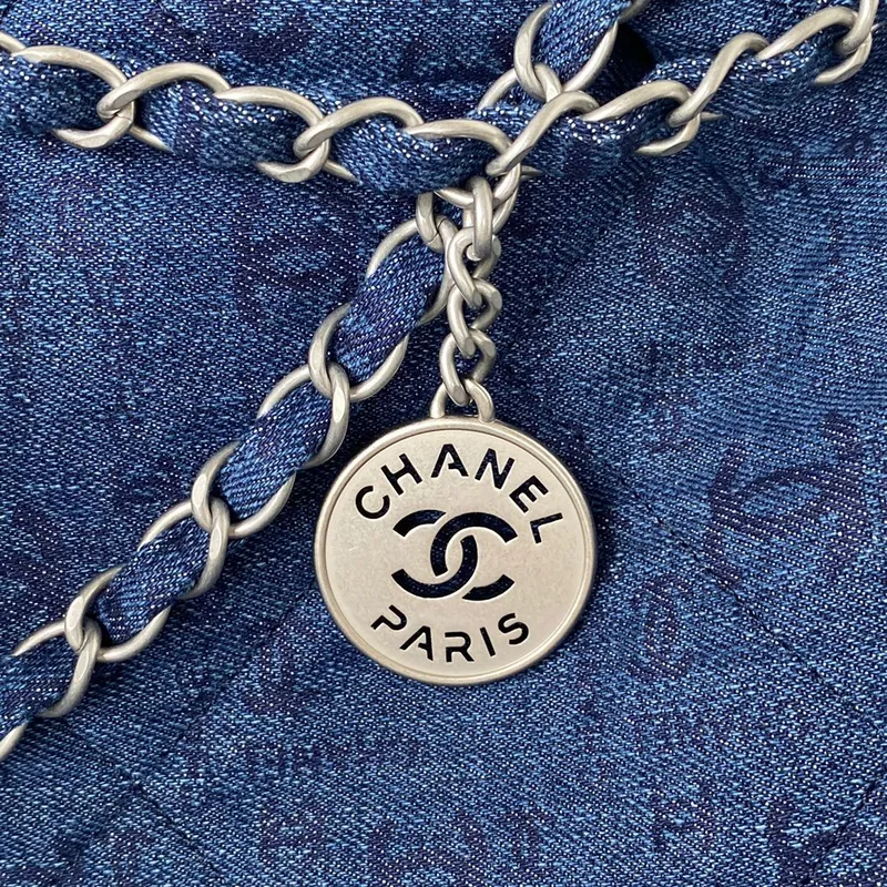 Chanel 22 Kabelka Stříbrný kov Plátno AS3260 Modrá džínovina