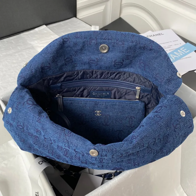 Chanel 22 Kabelka Stříbrný kov Plátno AS3260 Modrá džínovina