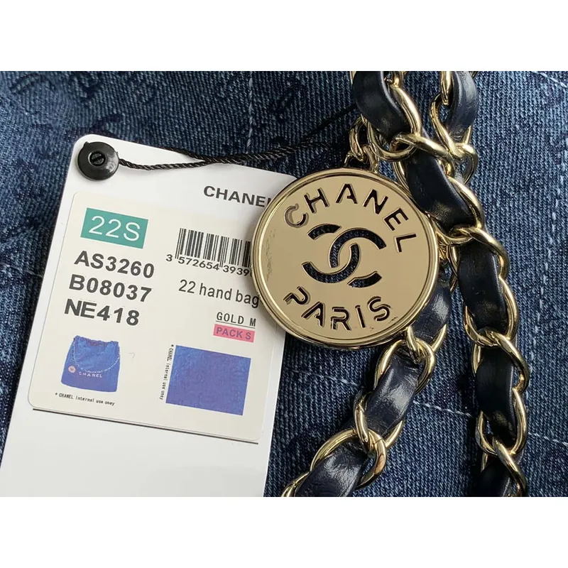 Chanel 22 Kabelka Zlatý kov Plátno AS3260 Modrá džínovina