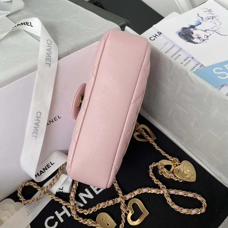 Chanel AS3456 Mini taška s klopou z jehněčí kůže a zlatého kovu, růžová