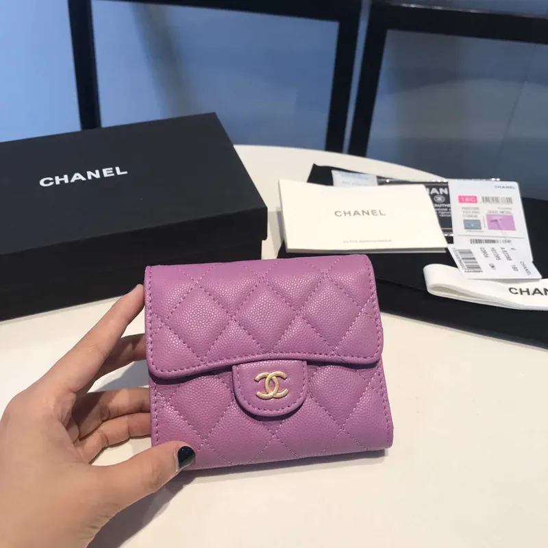 Chanel AP0231 Klasická malá peněženka FLAP z telecí kůže, fialová a zlatá