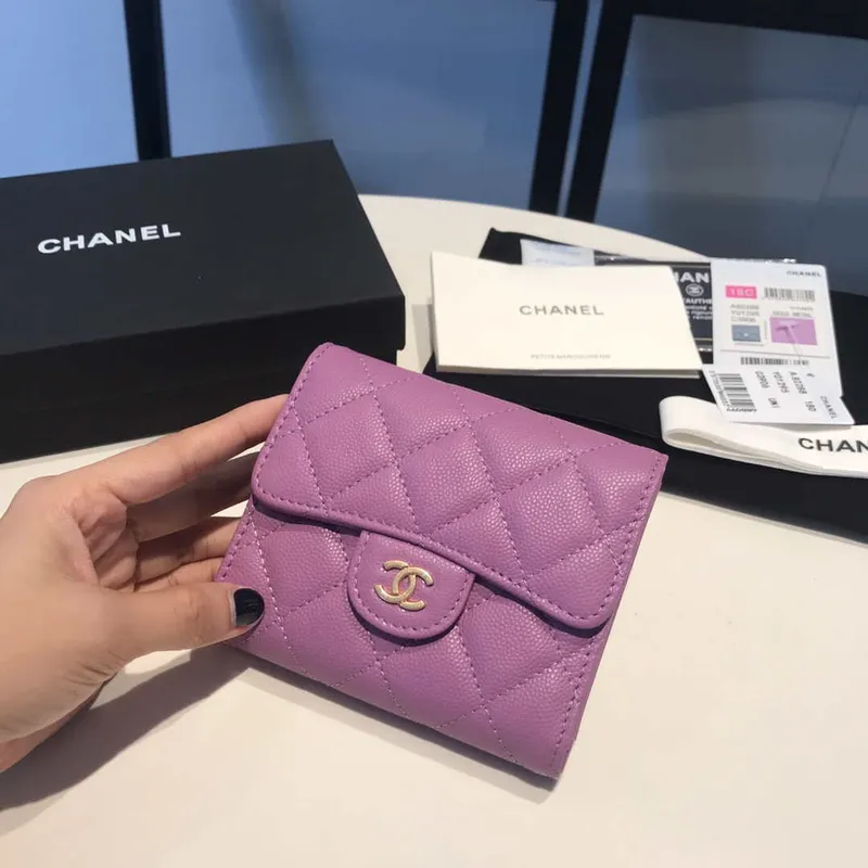 Chanel AP0231 Klasická malá peněženka FLAP z telecí kůže, fialová a zlatá