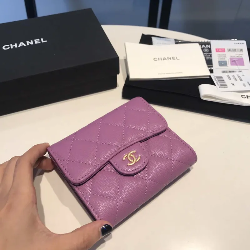 Chanel AP0231 Klasická malá peněženka FLAP z telecí kůže, fialová a zlatá