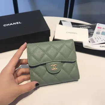 Chanel AP0231 Klasická malá peněženka FLAP z telecí kůže, zelená a zlatá