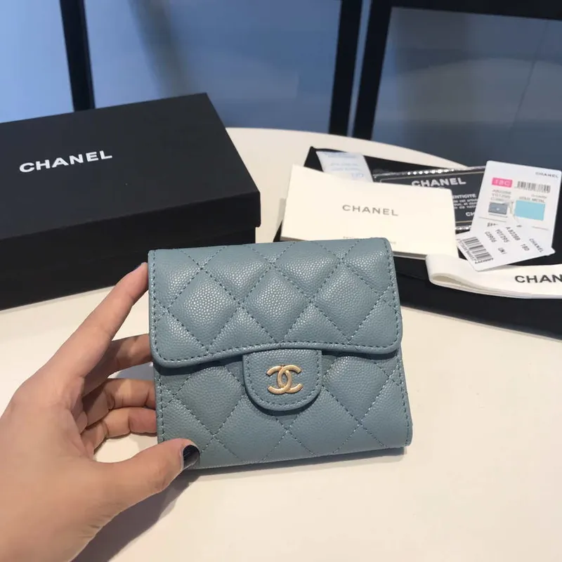 Chanel AP0231 Klasická malá peněženka FLAP z telecí kůže, modrá a zlatá