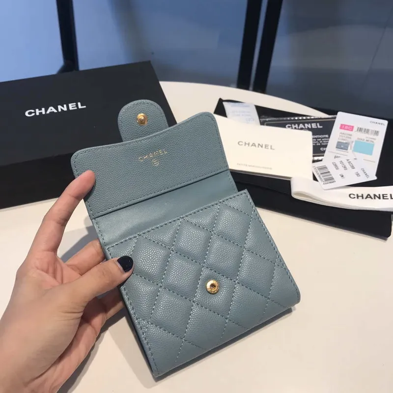 Chanel AP0231 Klasická malá peněženka FLAP z telecí kůže, modrá a zlatá