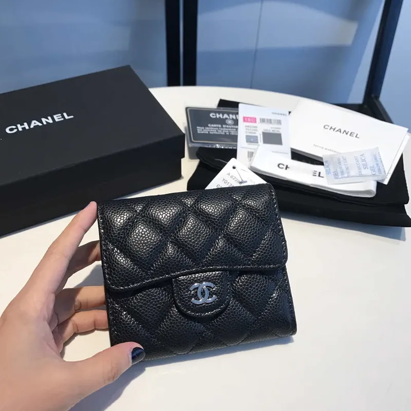 Chanel AP0231 Klasická malá peněženka FLAP z telecí kůže, černá stříbrná