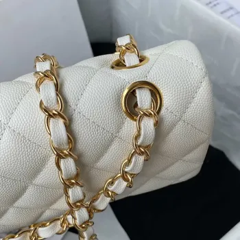 Chanel A01113 Kabelka s klopou Klasická taška Zrnité lesklé telecí kůže Bílá Zlato