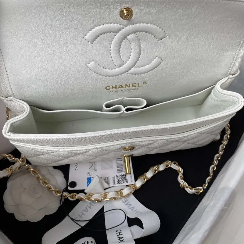 Chanel A01113 Kabelka s klopou Klasická taška Zrnité lesklé telecí kůže Bílá Zlato