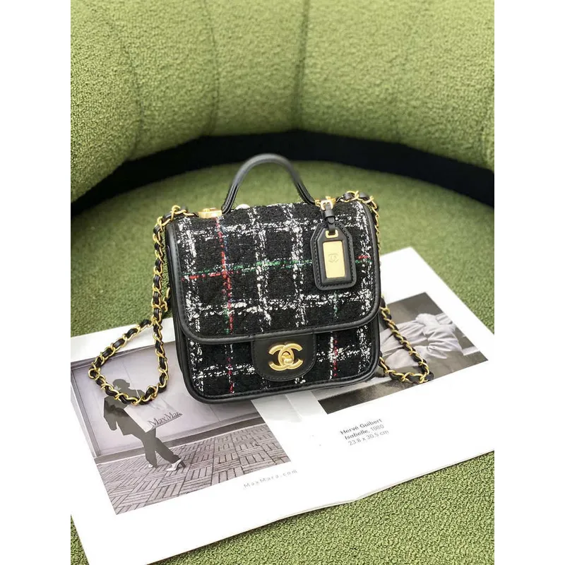 Chanel AS3652 Malá taška s klopou a horním uchem Bavlna a vlna Tweed a zlatý kov Černá a bílá