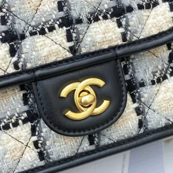 Chanel AS3652 Malá taška s klopou a horním uchem Bavlna a vlna Tweed a zlatý kov Šedá a béžová