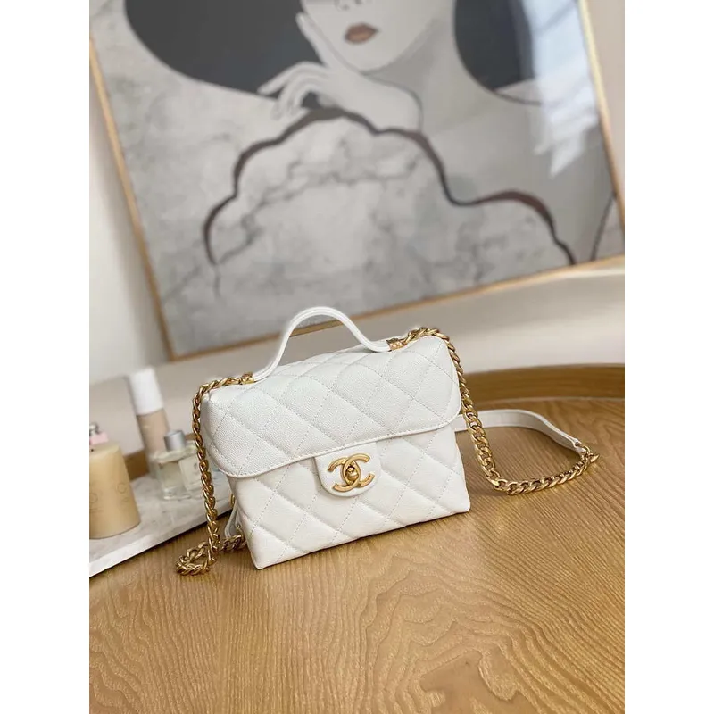 Chanel AS3729 Malá kosmetická taštička Zrnité telecí kůže a zlatý kov Bílá