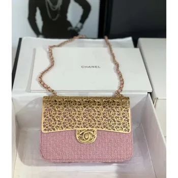 Chanel AS3526 Mini večerní kabelka z vlněného tvídu a zlatého kovu, světle růžová