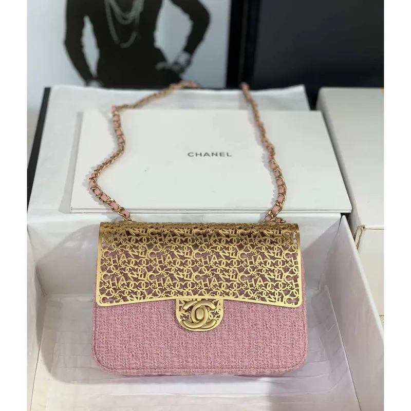 Chanel AS3526 Mini večerní kabelka z vlněného tvídu a zlatého kovu, světle růžová