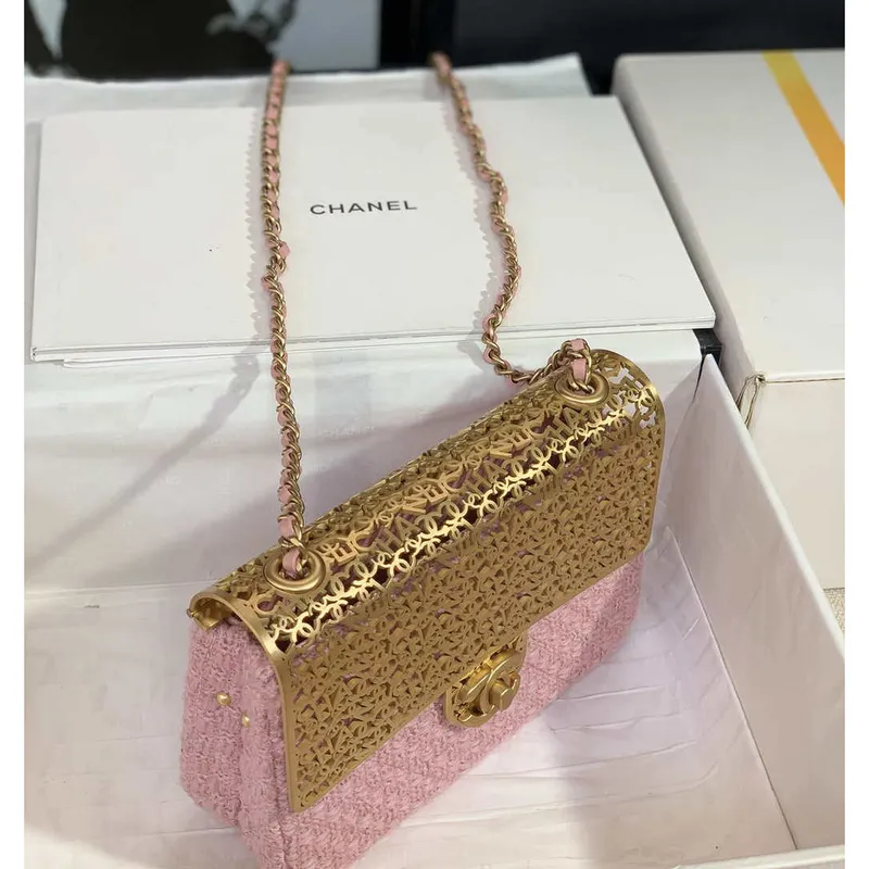 Chanel AS3526 Mini večerní kabelka z vlněného tvídu a zlatého kovu, světle růžová