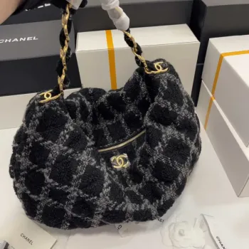 Chanel AS3564 MAXI HOBO BAG Vlněný tvíd a zlatý kov Černá a šedá