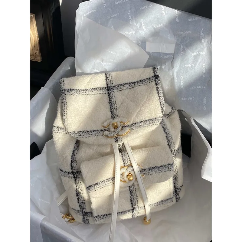 Batoh Chanel AS3615 z vlněného tvídu a zlatého kovu, béžový a černý