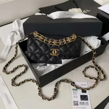 Chanel AP3021 Mini taška s klopou WOC z telecí kůže na telefon, černá