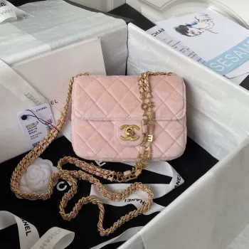 Chanel AS3442 Mini kabelka s klopou, sametová smaltovaná a zlatá kovová růžová