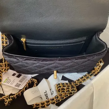 Chanel AS3432 Malá taška s klopou Sametová smaltovaná a zlatá kovová černá