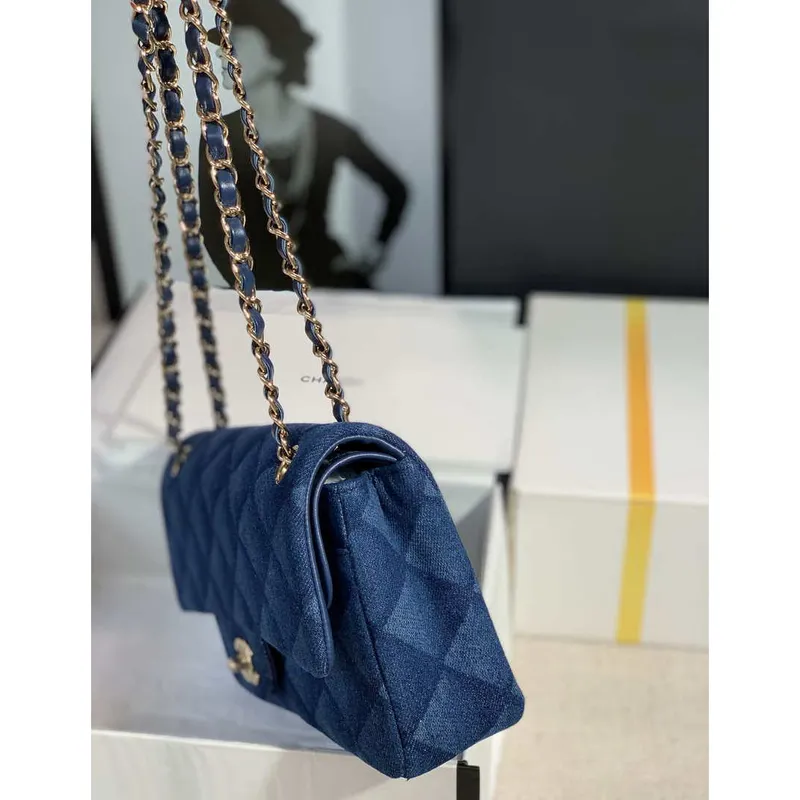 Klasická kabelka Chanel Flap Denim Blue A01112 Gold
