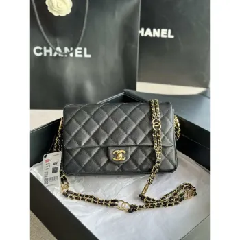 Chanel AS3777 Kabelka s klopou Zrnité telecí kůže a zlatý kov Černá