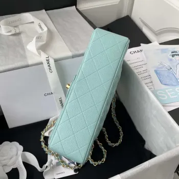 Chanel A01113 Kabelka s klopou Klasická taška Zrnité lesklé telecí kůže Jezero Modrá Zlatá