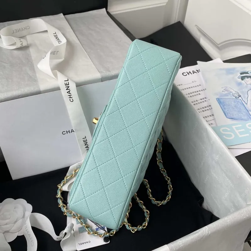 Chanel A01113 Kabelka s klopou Klasická taška Zrnité lesklé telecí kůže Jezero Modrá Zlatá