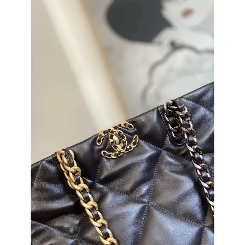 Chanel AS3519 CHANEL19 Nákupní taška Lesklá jehněčí kůže Tmavě hnědá