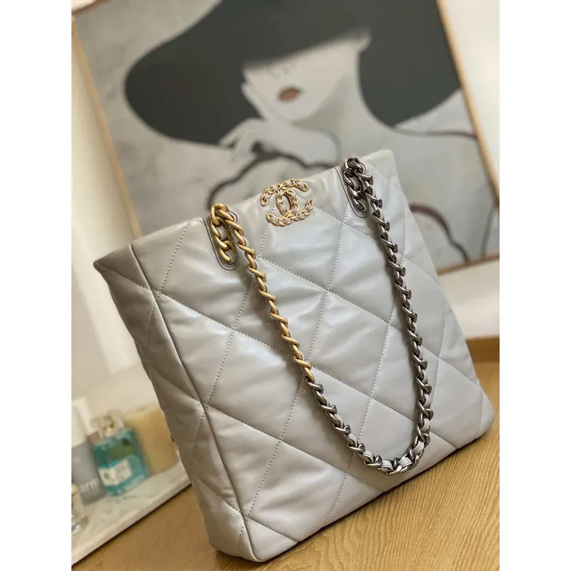 Chanel AS3519 CHANEL19 Nákupní taška Lesklá jehněčí kůže Šedá