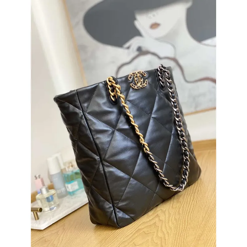 Chanel AS3519 CHANEL19 Nákupní taška Lesklá jehněčí kůže Černá