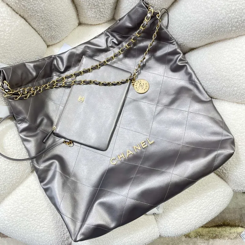 Chanel 22 Velká kabelka Lesklá telecí kůže AS3262 Šedá Stříbrná