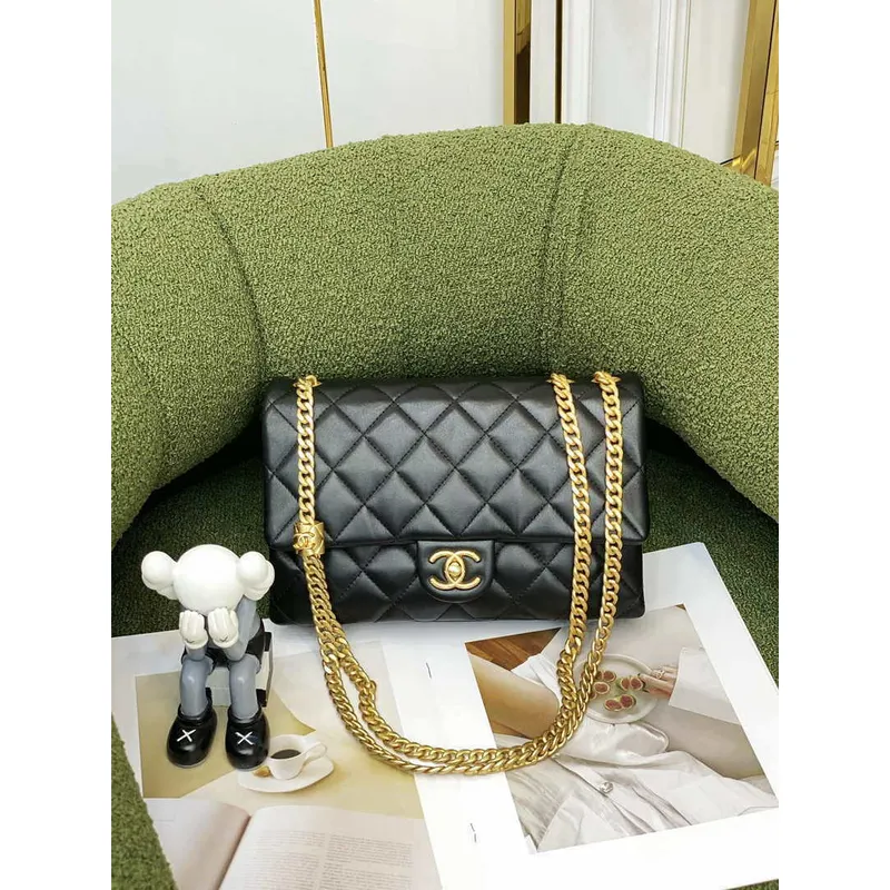 Chanel AS3609 Taška s klopou Jehněčí kůže Jehněčí kůže a zlatý kov Černá