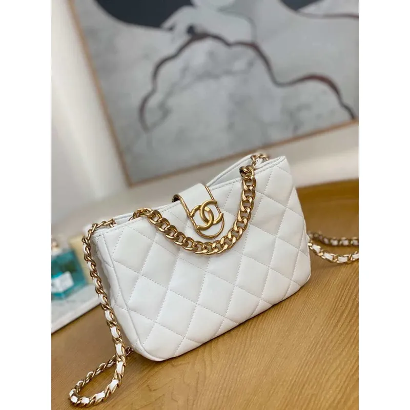 Chanel AS3476 Kabelka Hobo z jehněčí kůže, bílá