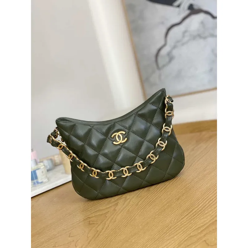 Chanel AS3562 Kabelka Hobo z jehněčí kůže, tmavě zelená