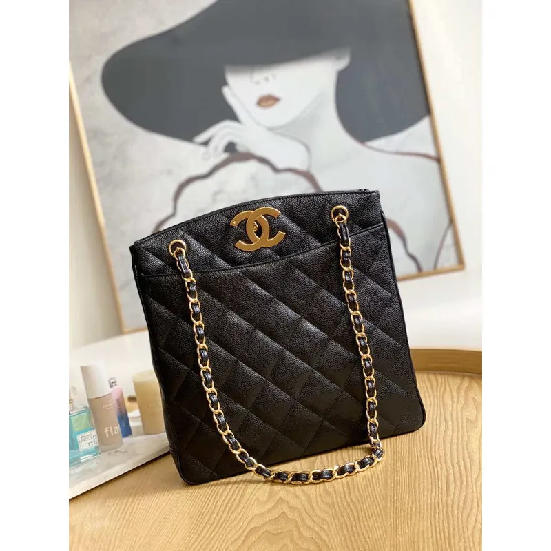 Chanel Vintage A98 Velká nákupní taška z telecí kůže, černá
