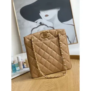 Chanel Vintage A98 Velká nákupní taška z telecí kůže v barvě tan