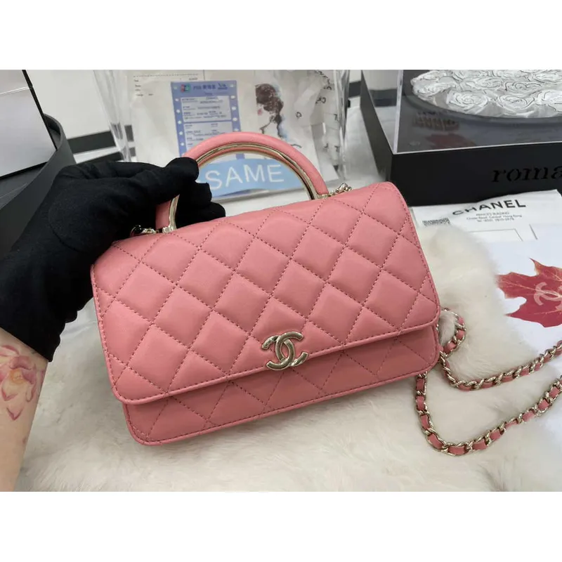 Chanel AP2844 Peněženka na řetízku Taška z jehněčí kůže s horním uchem Světle zlatá Růžová