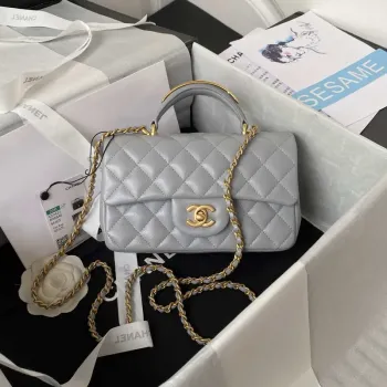 Chanel AS2431 Mini flap Šedá taška z jehněčí kůže s horním uchem Zlatá