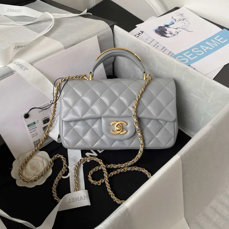 Chanel AS2431 Mini flap Šedá taška z jehněčí kůže s horním uchem Zlatá