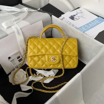 Chanel AS2431 Mini flap Žlutá taška z jehněčí kůže s horním uchem Zlatá