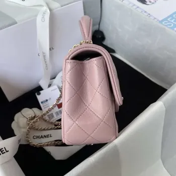Chanel AS2431 Mini klopová taška z jehněčí kůže s horním uchem Světle zlatá Tmavě růžová