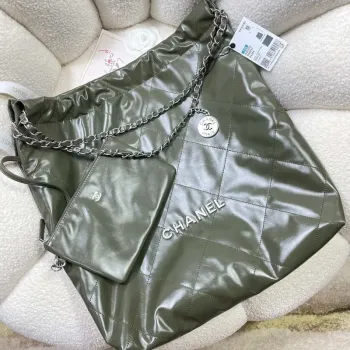 Chanel 22 Velká kabelka z lesklé telecí kůže AS3262 Tmavě zelená