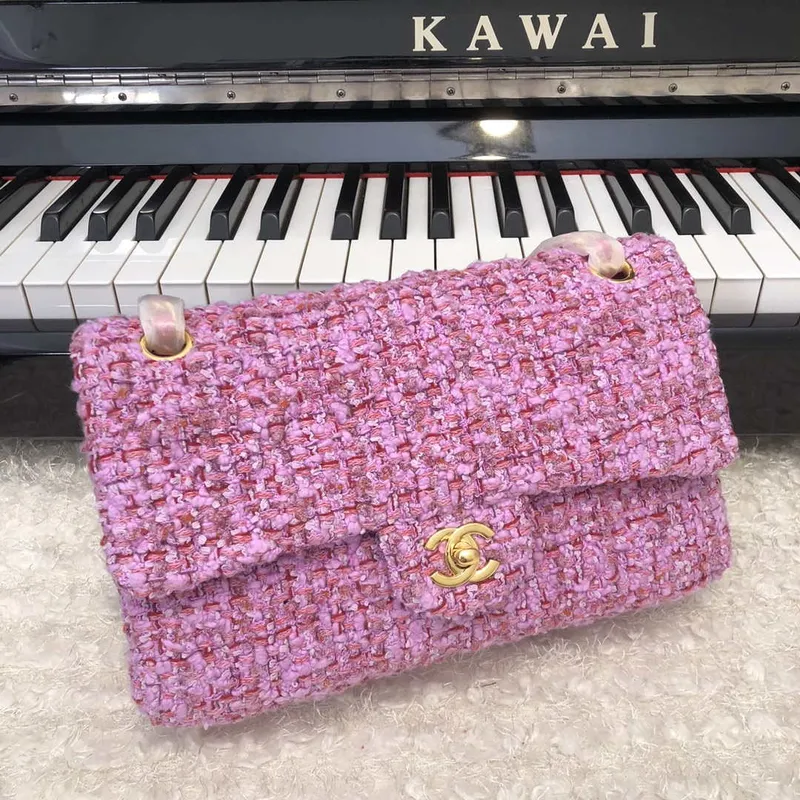 Chanel A01112 Kabelka s klopou Klasická taška Tweed Růžová