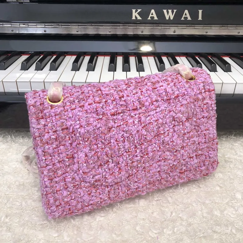 Chanel A01112 Kabelka s klopou Klasická taška Tweed Růžová