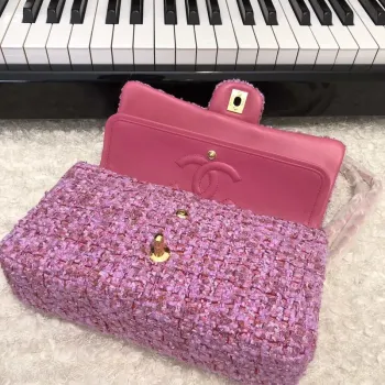 Chanel A01112 Kabelka s klopou Klasická taška Tweed Růžová